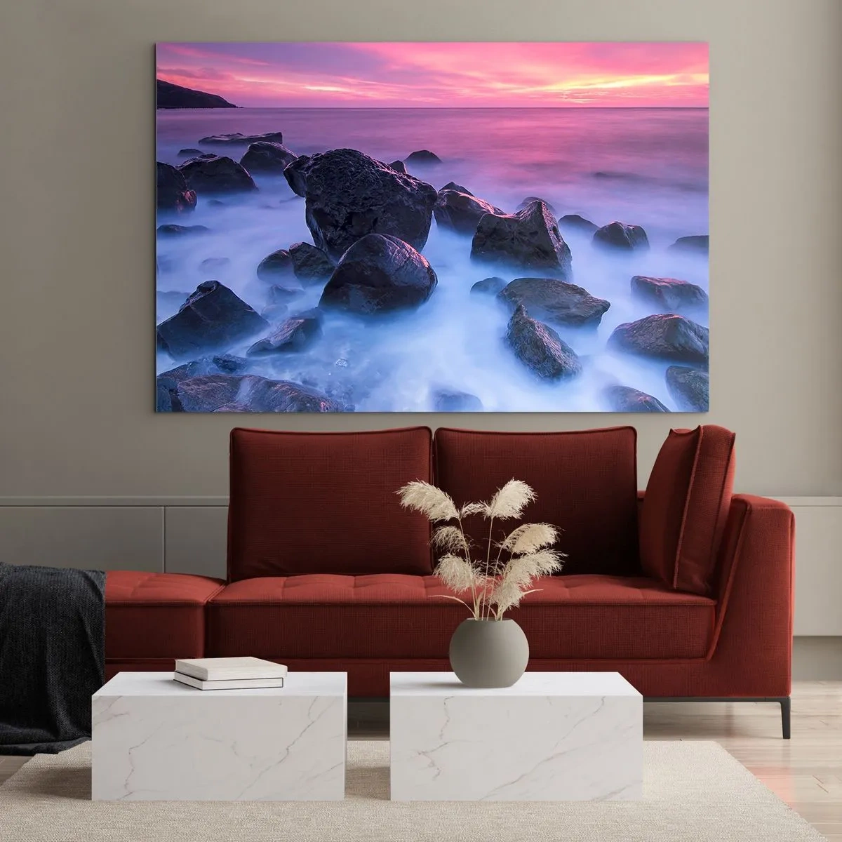 Glasbild - Bild auf glas - Wellen brechen bei Sonnenuntergang auf den Felsen - 70x50cm - Geburt bei Licht und Nebel - Moderne Wanddekoration für Wohnzimmer und Schlafzimmer ARTTOR