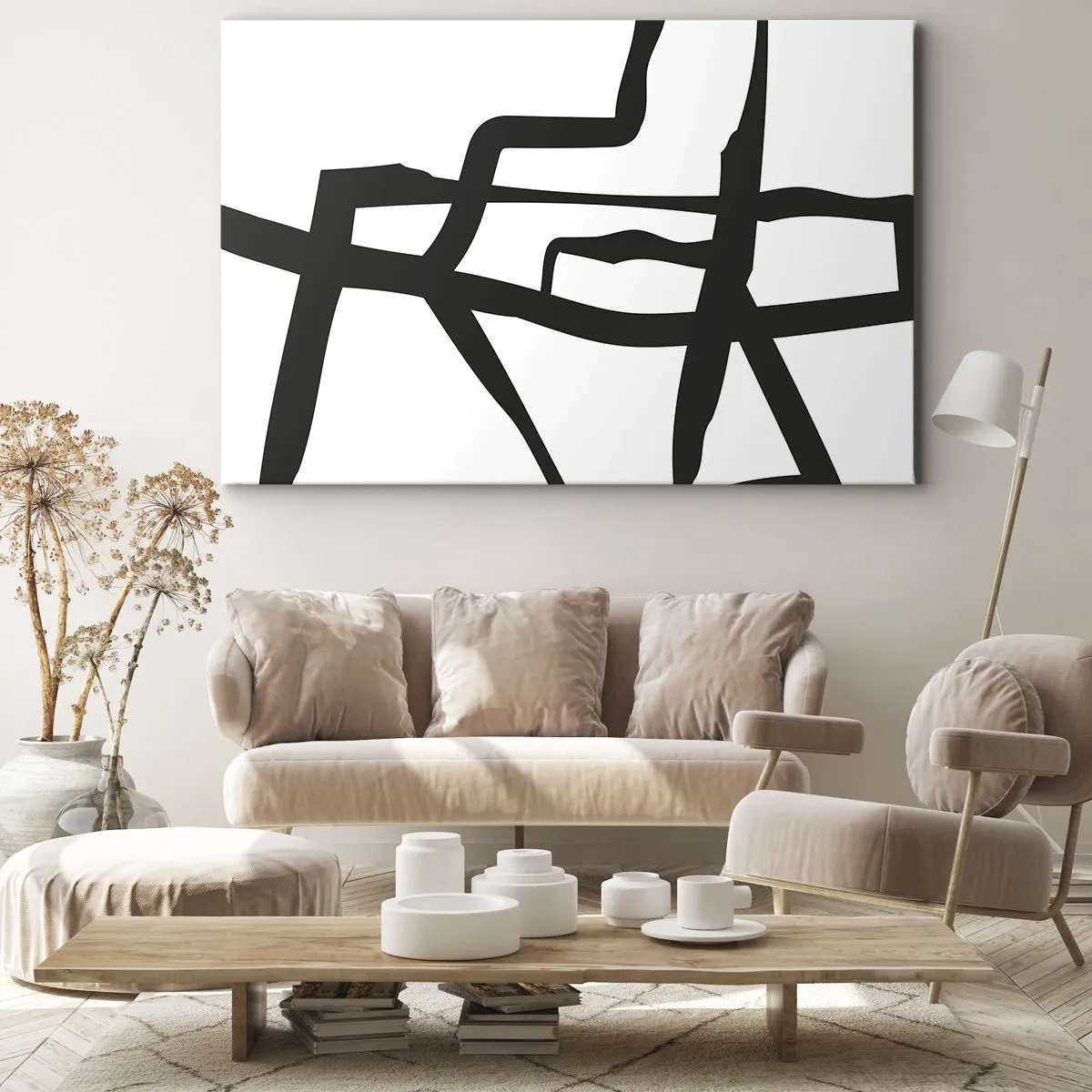 Bild auf Leinwand - Leinwandbild - Minimalistisches Schwarz-Weiß-Muster mit geometrischen Linien - 120x80cm - Schwarz-Weiß-Design - Moderne Wanddekoration für Wohnzimmer und Schlafzimmer ARTTOR