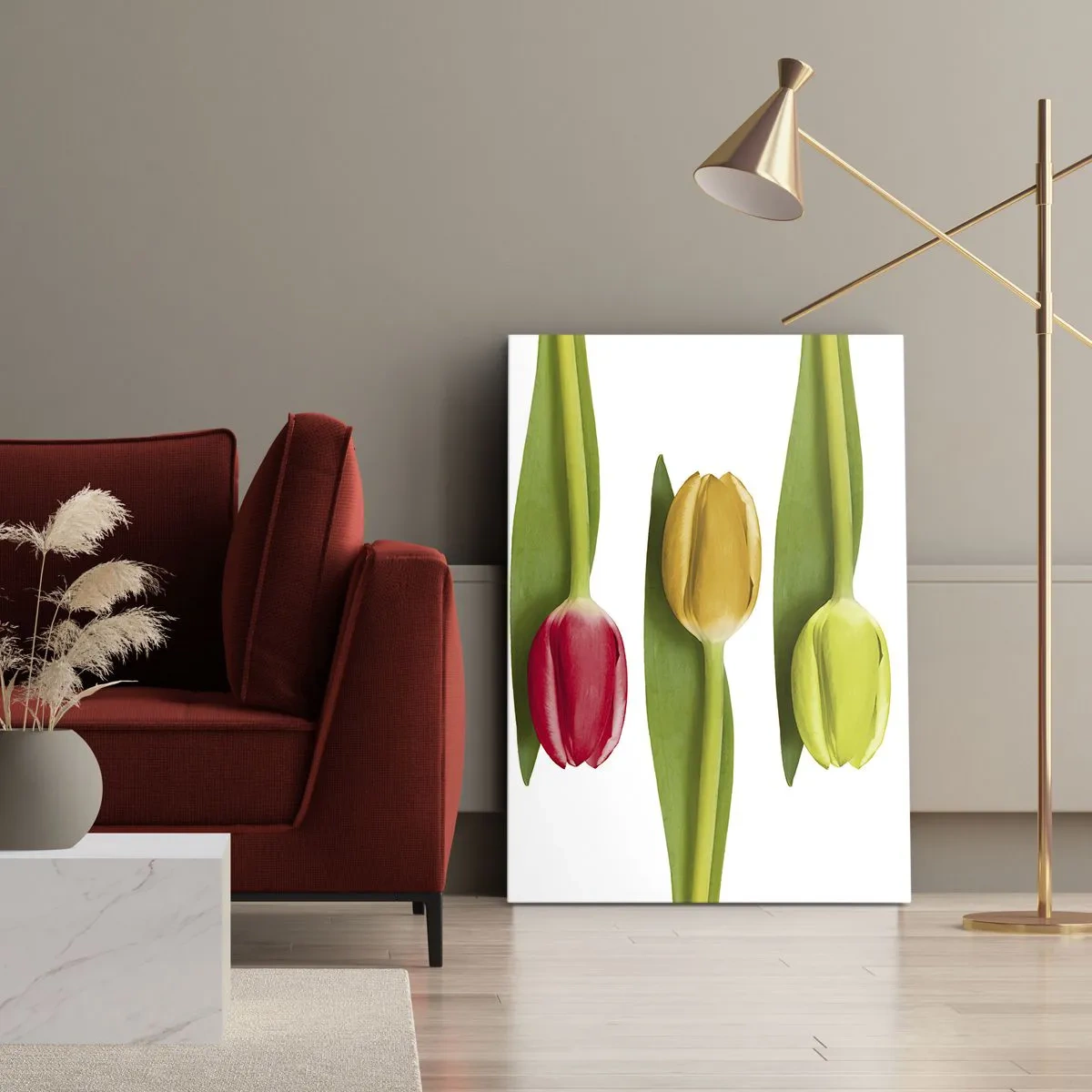 Bild auf Leinwand - Leinwandbild - Bunte Tulpen in einer Reihe auf weißem Hintergrund angeordnet - 70x100cm - Regenbogenkomposition - Moderne Wanddekoration für Wohnzimmer und Schlafzimmer ARTTOR