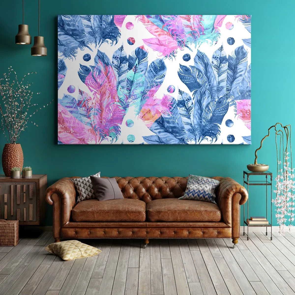 Bild auf Leinwand - Leinwandbild - Abstraktes Muster mit bunten Federn in Pastelltönen - 70x50cm - Pflaumen in Pink und Blau - Moderne Wanddekoration für Wohnzimmer und Schlafzimmer ARTTOR