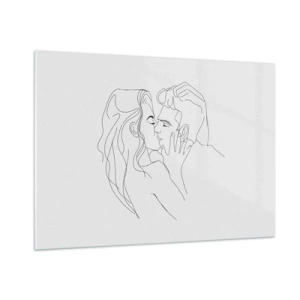 Glasbild - Bild auf glas - Eine minimalistische Zeichnung eines Paares bei einem romantischen Kuss - 100x70cm - Dieselbe Linie - Moderne Wanddekoration für Wohnzimmer und Schlafzimmer ARTTOR