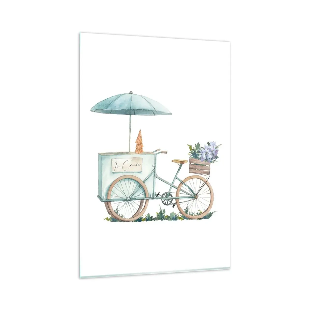 Glasbild - Bild auf glas - Ein Fahrrad mit Eis und Blumen unter einem Regenschirm in zarten Pastellfarben - 80x120cm - Süße Erinnerung an den Sommer - Moderne Wanddekoration für Wohnzimmer und Schlafzimmer ARTTOR
