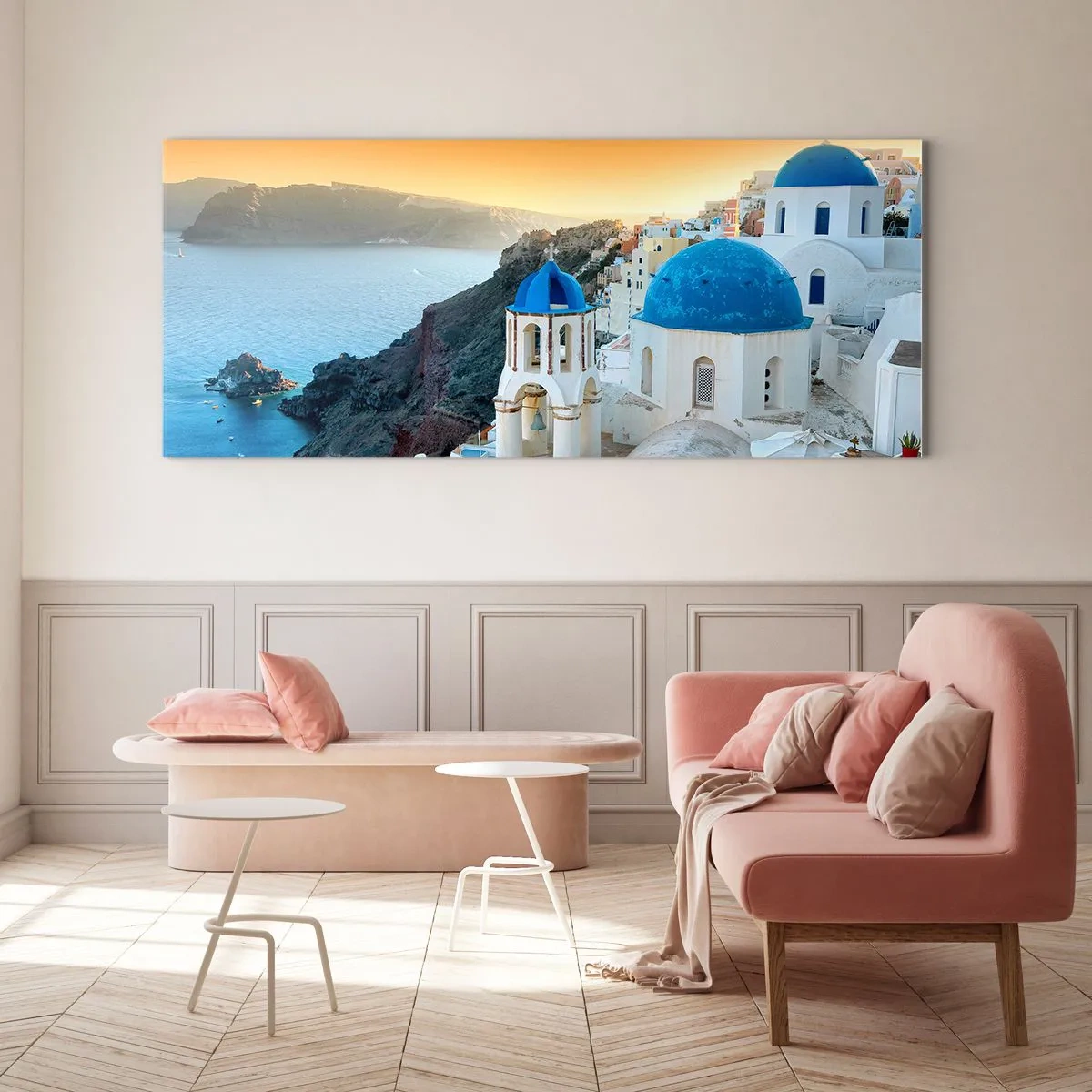Glasbild - Bild auf glas - Santorini - an die Felsen gekuschelt - 90x30 cm