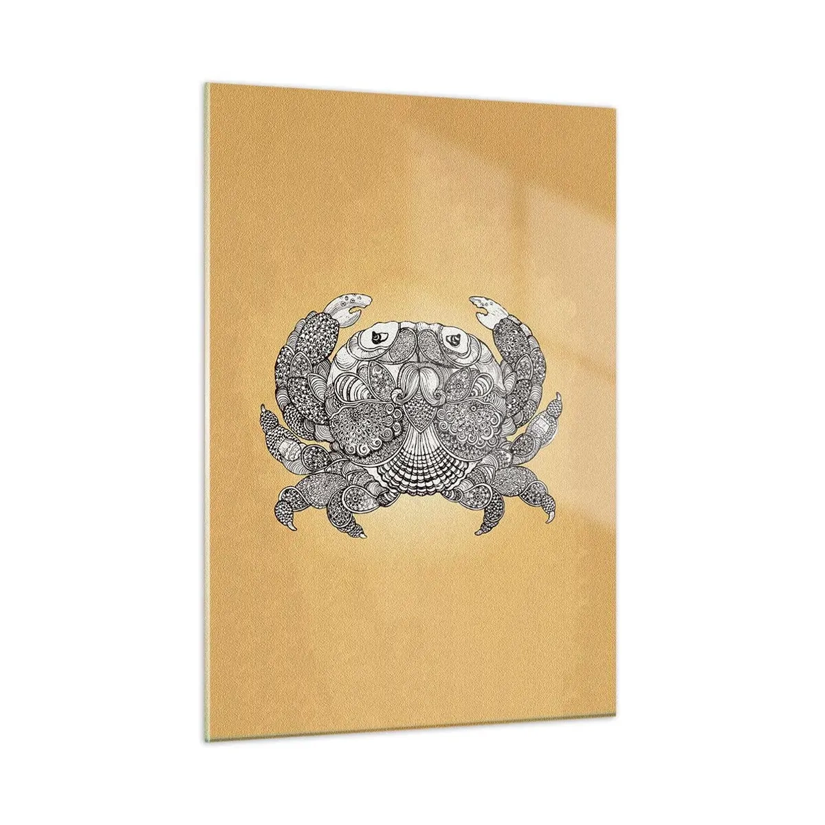 Glasbild - Bild auf glas - Stilisierte Zeichnung einer Krabbe mit Ornamenten auf gelbem Hintergrund - 50x70cm - Geschichten von Mr. Krabs - Moderne Wanddekoration für Wohnzimmer und Schlafzimmer ARTTOR