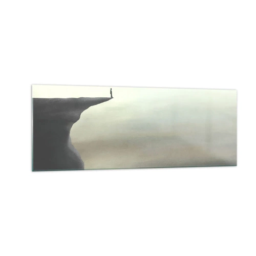 Glasbild - Bild auf glas - Silhouette einer Figur am Rand einer Klippe in einer nebligen Landschaft - 140x50cm - Nach oben, natürlich! - Moderne Wanddekoration für Wohnzimmer und Schlafzimmer ARTTOR