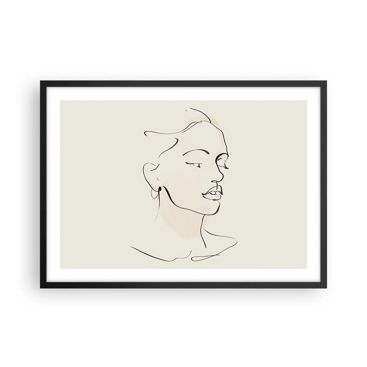 Poster in einem schwarzem Rahmen - Eine zarte Skizze eines Frauengesichts auf hellem Hintergrund - 70x50cm - Eine bestimmte Linie - Moderne Wanddekoration für Wohnzimmer und Schlafzimmer ARTTOR