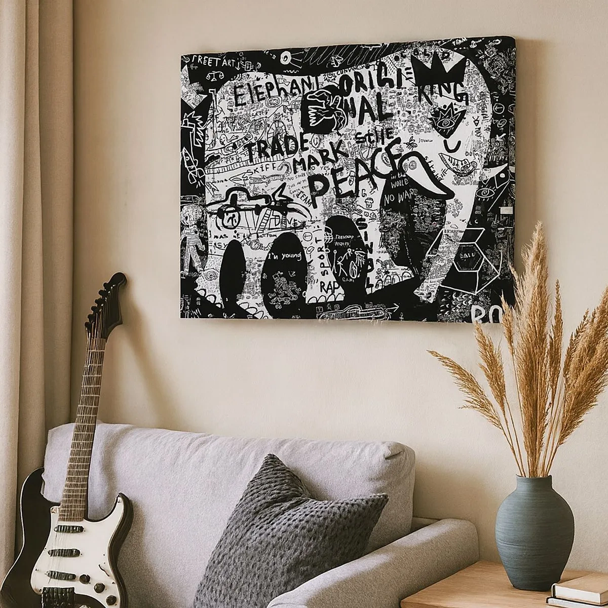 Bild auf Leinwand - Leinwandbild - Schwarz-Weiß-Grafiken mit Graffiti-Motiven - 70x50cm - Reiche Straßenwelt - Moderne Wanddekoration für Wohnzimmer und Schlafzimmer ARTTOR