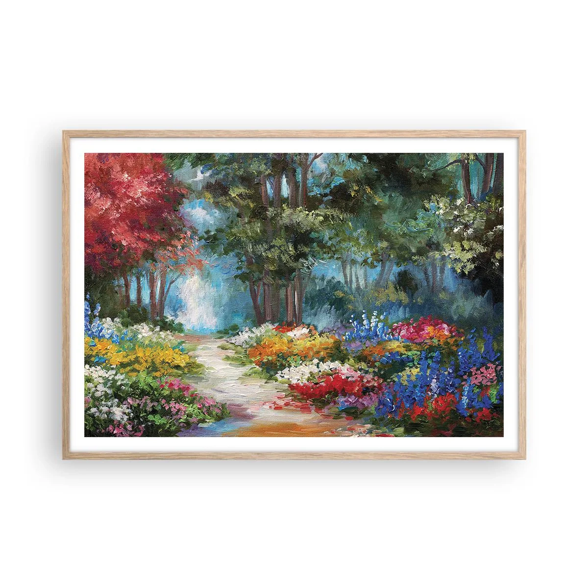 Poster in einem Rahmen aus heller Eiche - Waldgarten, Blumenwald - 100x70 cm