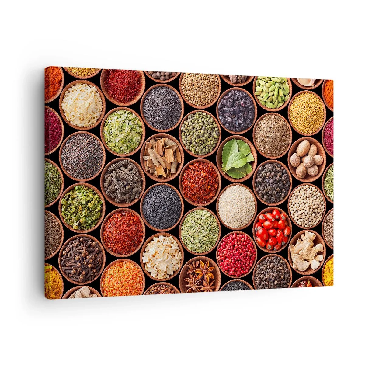 Bild auf Leinwand - Leinwandbild - Bunte Gewürze in runden Behältern - 70x50cm - Alle Aromen der Welt - Moderne Wanddekoration für Wohnzimmer und Schlafzimmer ARTTOR