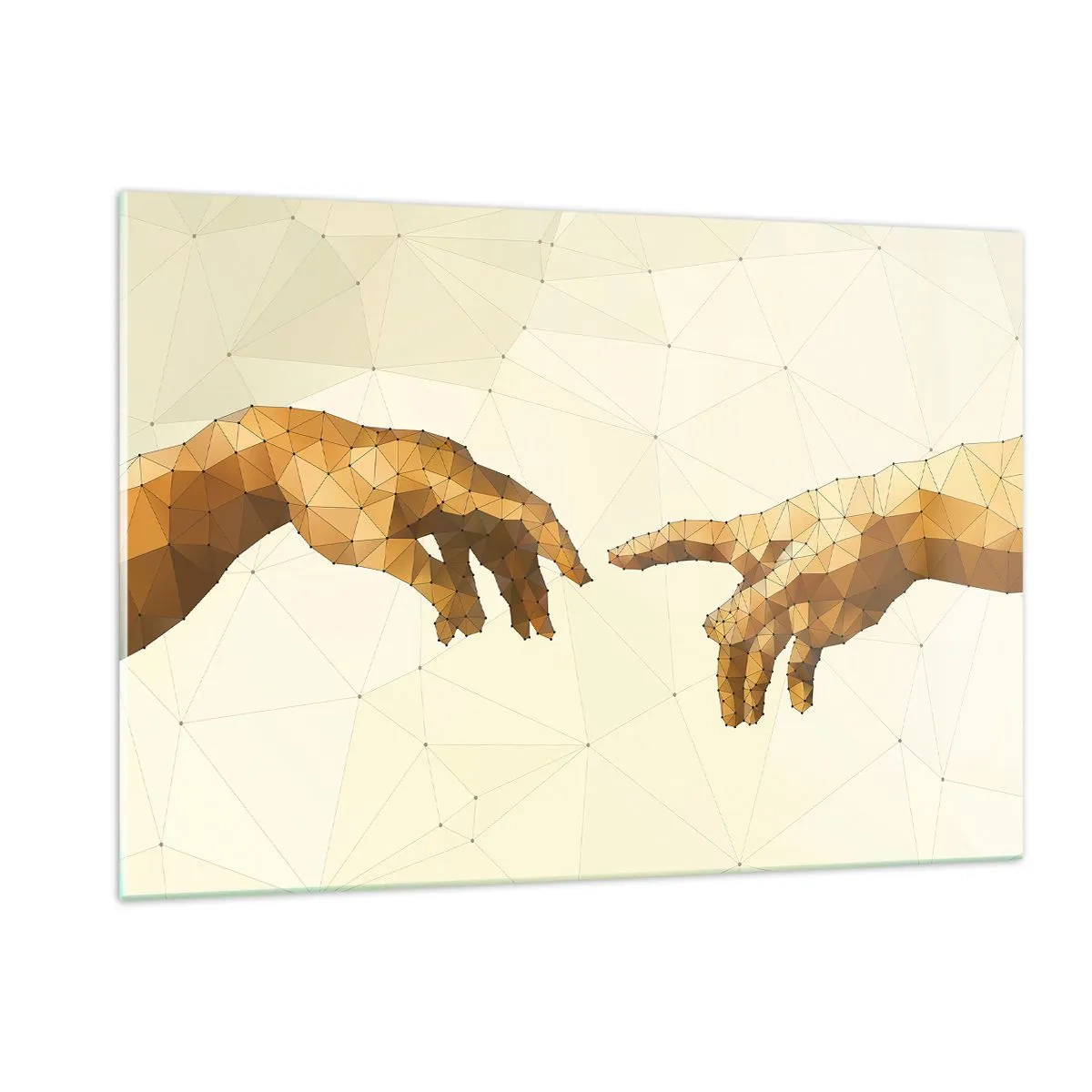 Glasbild - Bild auf glas - Eine stilisierte Version des Gemäldes „Die Erschaffung Adams“ in Polygontechnik - 120x80cm - Göttliche Geometrie - Moderne Wanddekoration für Wohnzimmer und Schlafzimmer ARTTOR