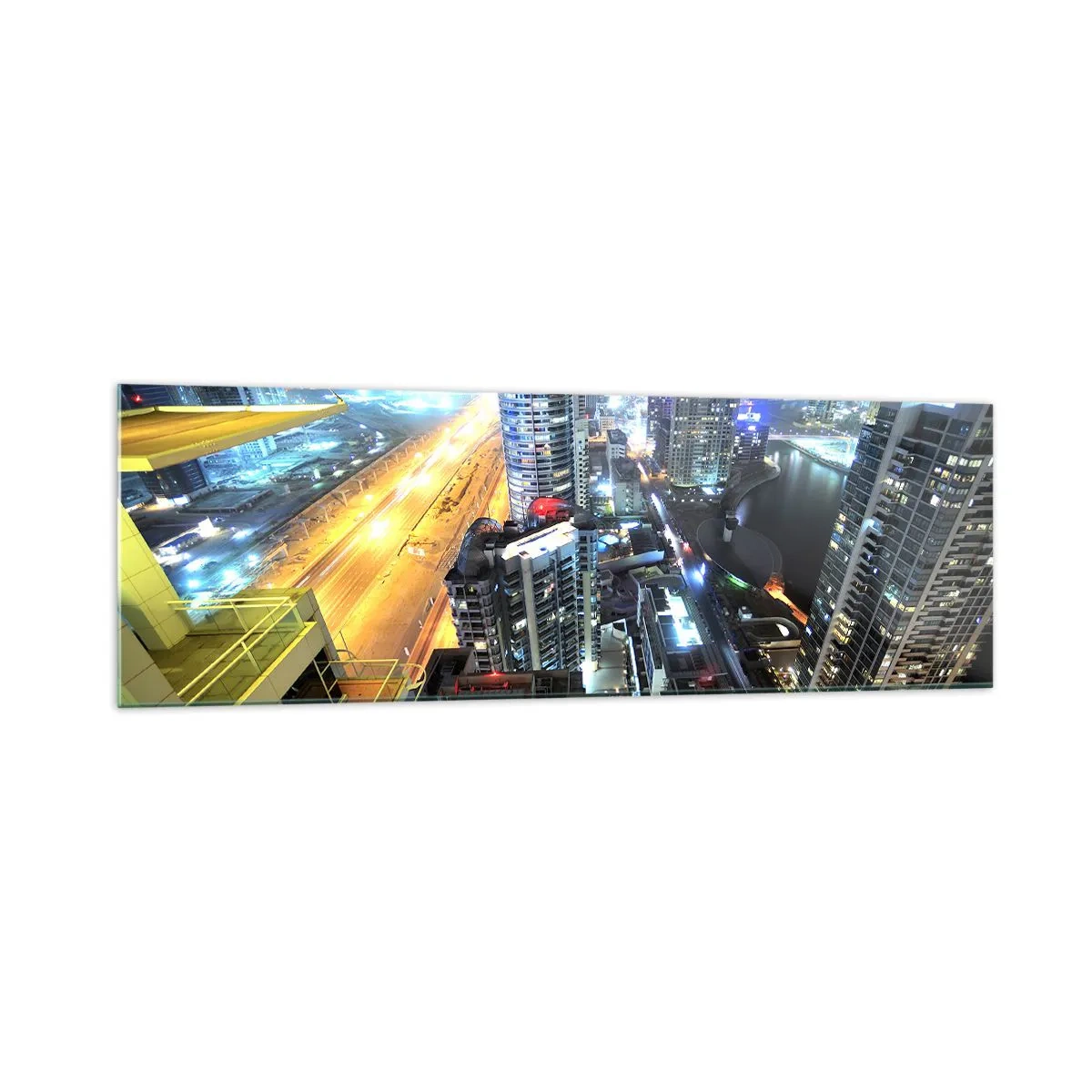 Glasbild - Bild auf glas - Panorama der nächtlichen Stadt mit beleuchteten Wolkenkratzern - 160x50cm - Ein Wunder in der Wüste - Moderne Wanddekoration für Wohnzimmer und Schlafzimmer ARTTOR