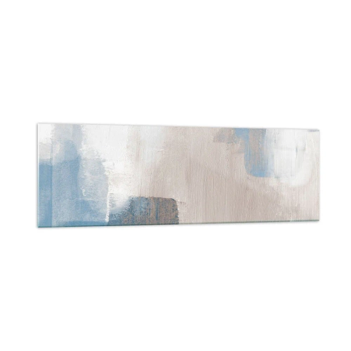 Glasbild - Bild auf glas - Abstrakte Formen in Blau- und Beigetönen - 160x50cm - Rosa Abstraktion hinter einem blauen Vorhang - Moderne Wanddekoration für Wohnzimmer und Schlafzimmer ARTTOR