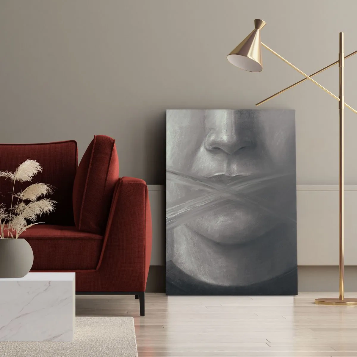 Bild auf Leinwand - Leinwandbild - Ein symbolisches Porträt mit verschwommenen Lippen in Grautönen. - 50x70cm - Ohne ein Wort - Moderne Wanddekoration für Wohnzimmer und Schlafzimmer ARTTOR