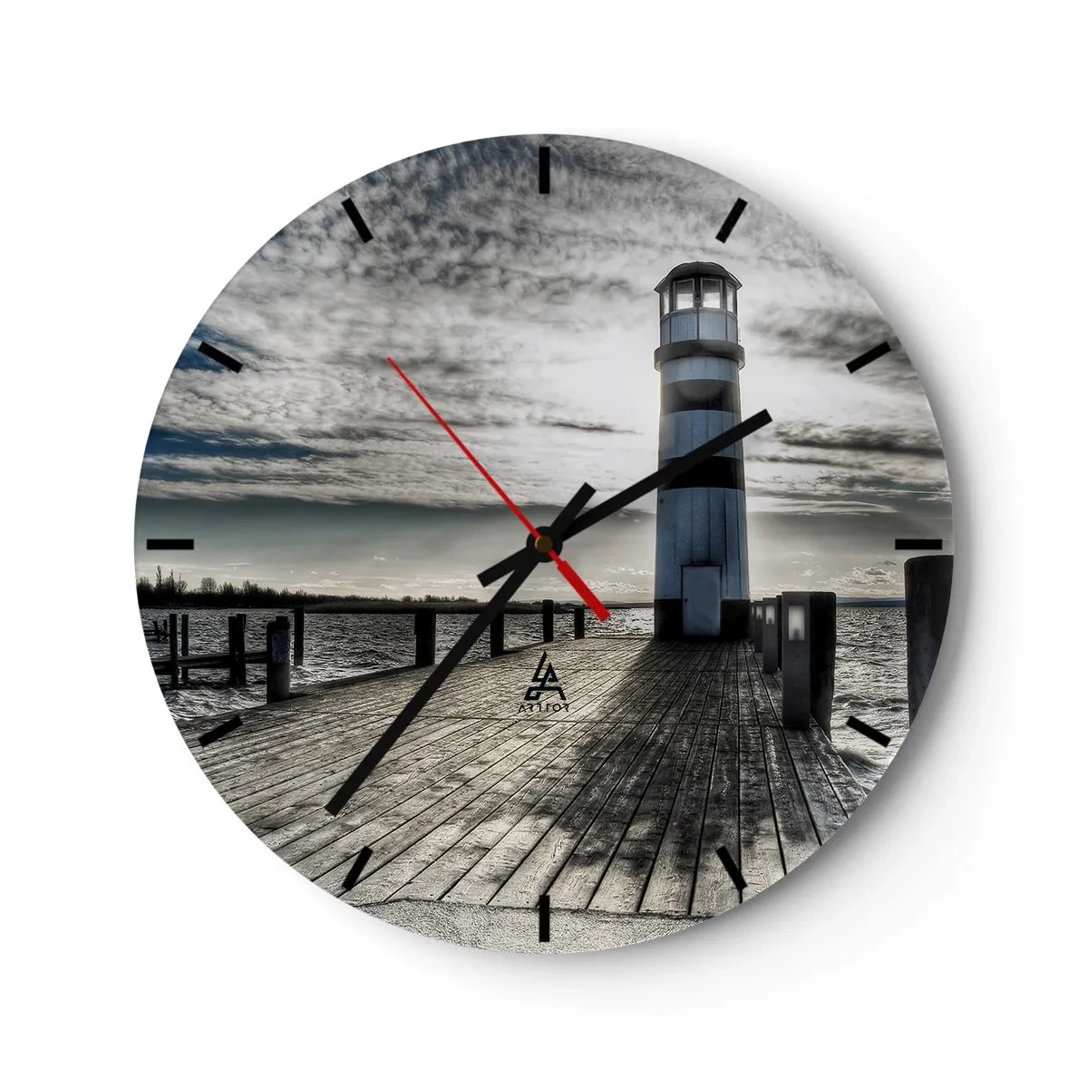 Wanduhr - Glasuhr - Ein Leuchtturm auf einem Pier im monochromen Stil - 30x30cm - Matrosen, ich warte auf euch - Moderne Wanddekoration für Wohnzimmer, Küche und Schlafzimmer ARTTOR