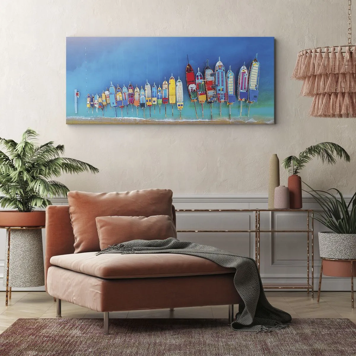 Bild auf Leinwand - Leinwandbild - Bunte Boote in einer Reihe am Ufer aufgereiht - 160x50cm - Aus der Vogelperspektive - Moderne Wanddekoration für Wohnzimmer und Schlafzimmer ARTTOR