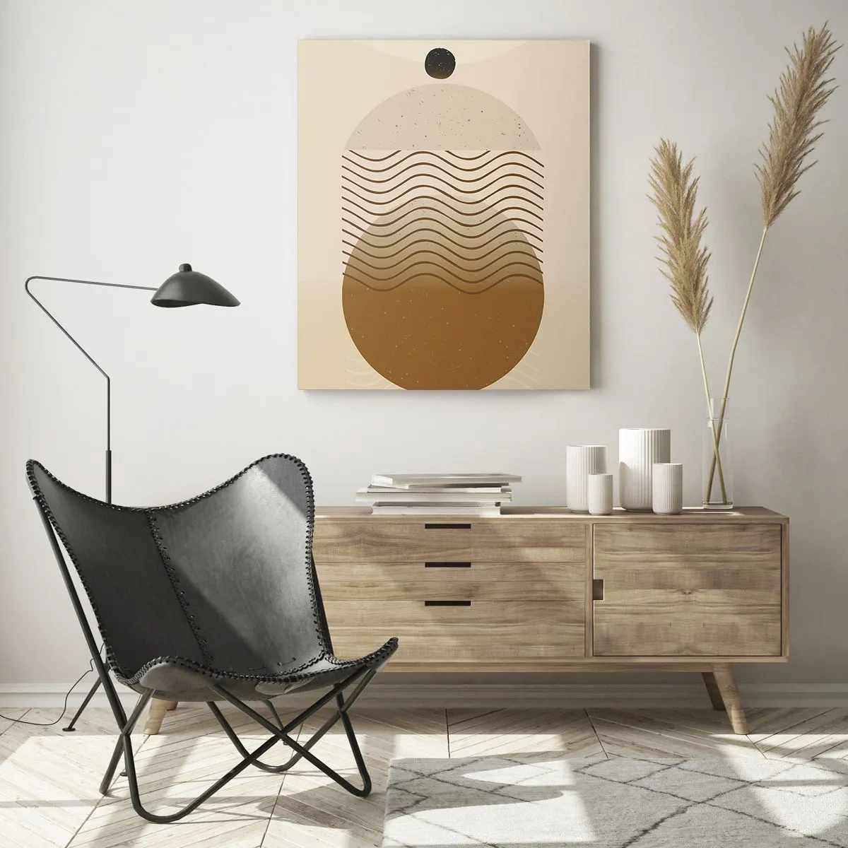 Glasbild - Bild auf glas - Geometrische Komposition mit Wellen und Kreisen in Beigetönen - 50x70cm - Zur Entstehung geometrischer Figuren - Moderne Wanddekoration für Wohnzimmer und Schlafzimmer ARTTOR