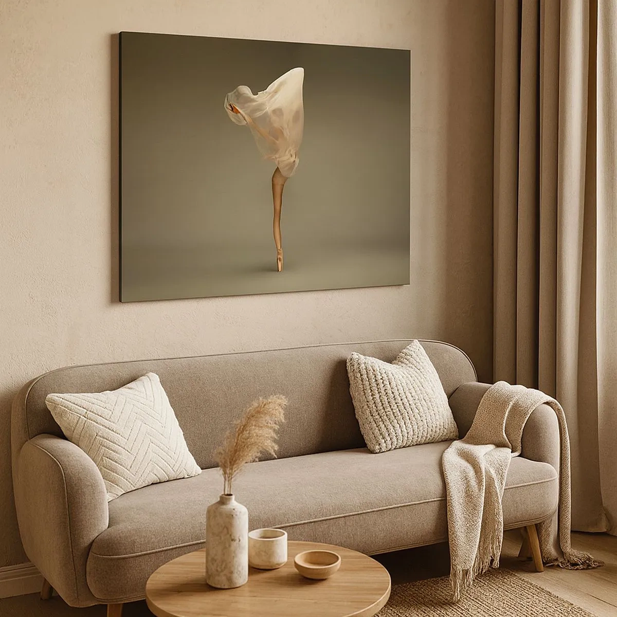 Bild auf Leinwand - Leinwandbild - Eine Tänzerin schwebt mit Stoff in der Luft - 70x50cm - Es wird bald auffliegen - Moderne Wanddekoration für Wohnzimmer und Schlafzimmer ARTTOR