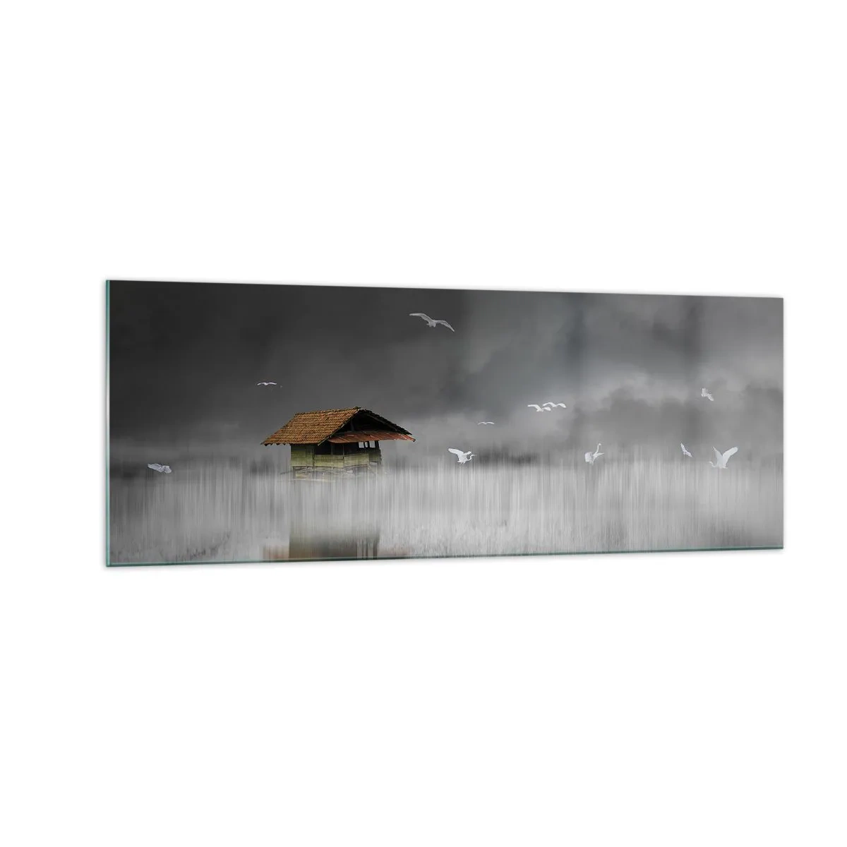 Glasbild - Bild auf glas - Ein einsames Häuschen am Wasser, umgeben von Nebel und Vögeln - 140x50cm - Schutz vor Regen - Moderne Wanddekoration für Wohnzimmer und Schlafzimmer ARTTOR