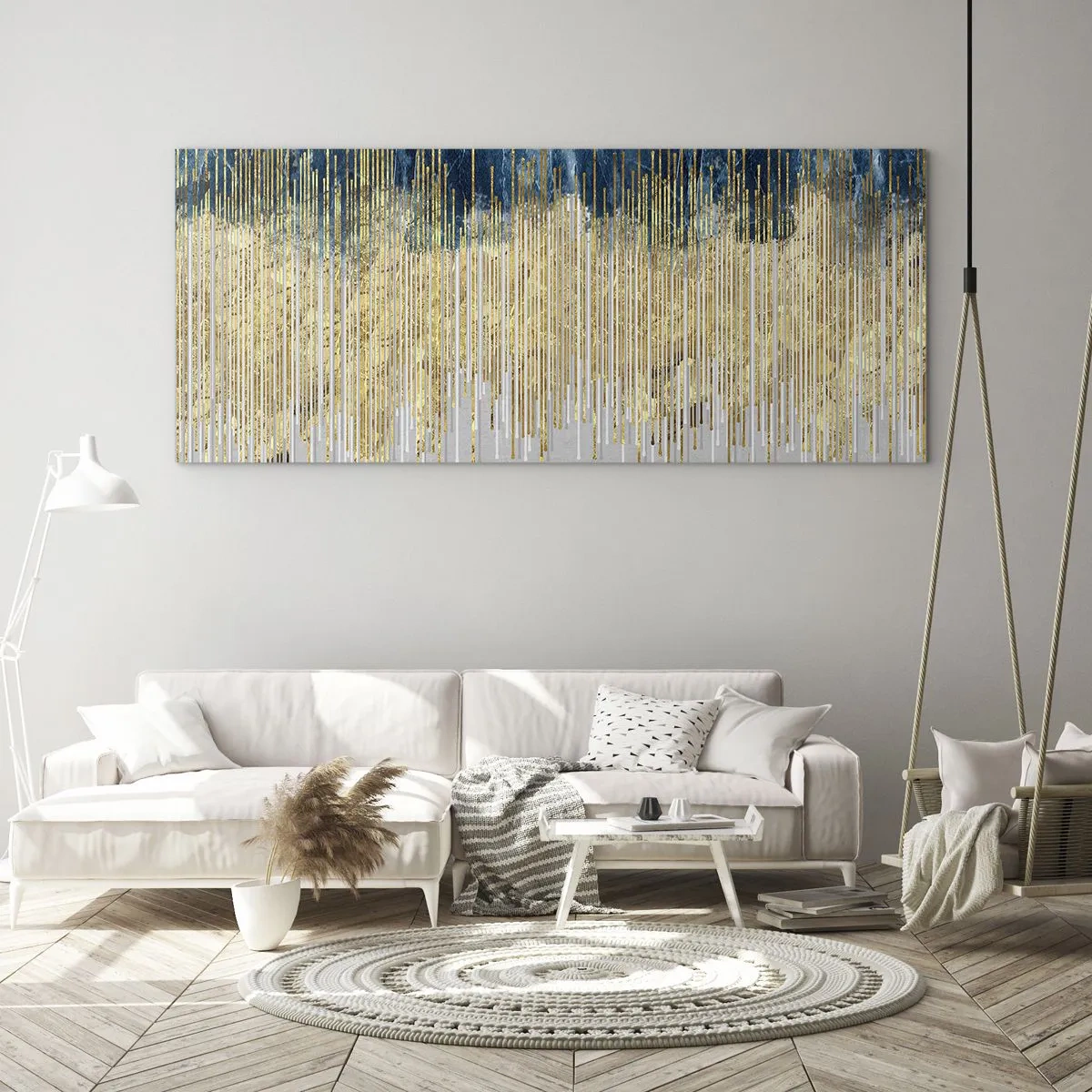 Glasbild - Bild auf glas - Goldene Linien vor einem Hintergrund aus marineblauer und grauer Abstraktion - 160x50cm - Vergoldete Grenze - Moderne Wanddekoration für Wohnzimmer und Schlafzimmer ARTTOR