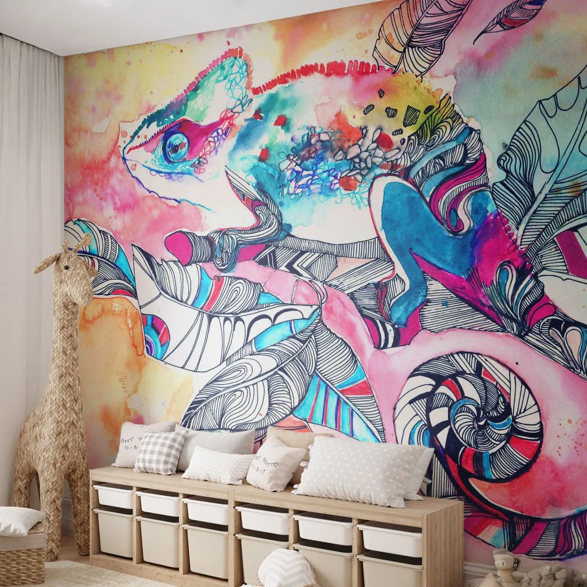 Fototapete Premium Sand - Ein buntes Chamäleon auf künstlerischem Hintergrund - 100x70cm - So bunt wie unsere Welt - Moderne Wanddekoration für Wohnzimmer und Schlafzimmer ARTTOR