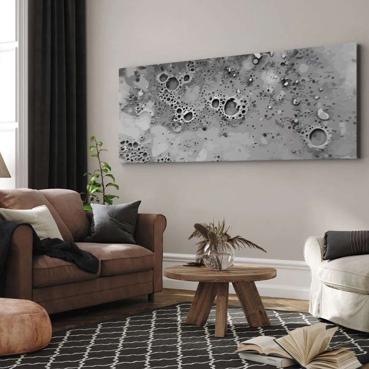 Bild auf Leinwand - Leinwandbild - Abstraktes schwarz-weißes Blasenmuster - 140x50cm - Wie eine Mondlandschaft - Moderne Wanddekoration für Wohnzimmer und Schlafzimmer ARTTOR
