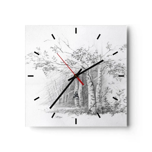 Wanduhr - Glasuhr - Eine Zeichnung eines Birkenwaldes in einer subtilen Bleistiftskizze - 30x30cm - Das Licht des Birkenwaldes - Moderne Wanddekoration für Wohnzimmer und Schlafzimmer ARTTOR