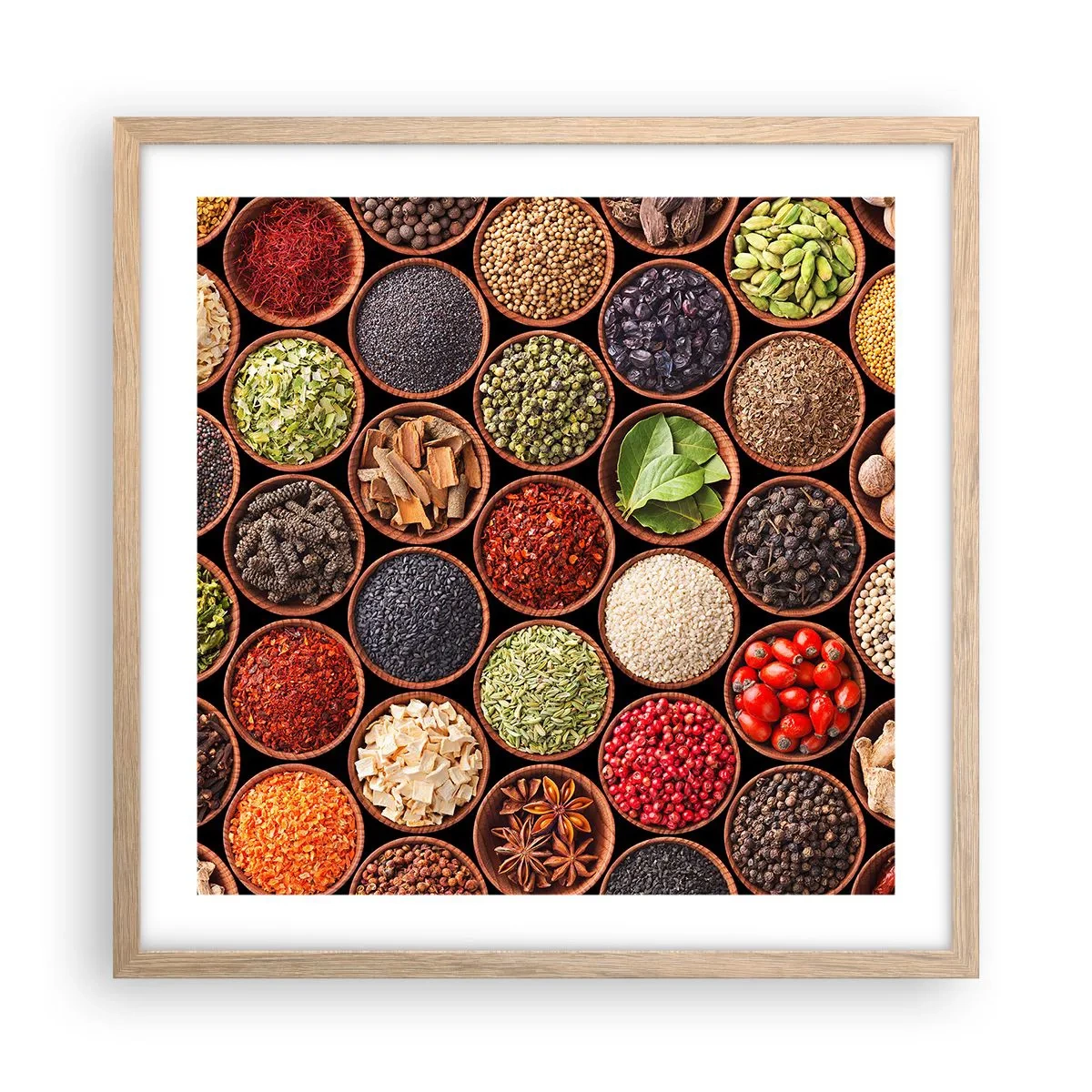 Poster in einem Rahmen aus heller Eiche - Alle Aromen der Welt - 50x50 cm
