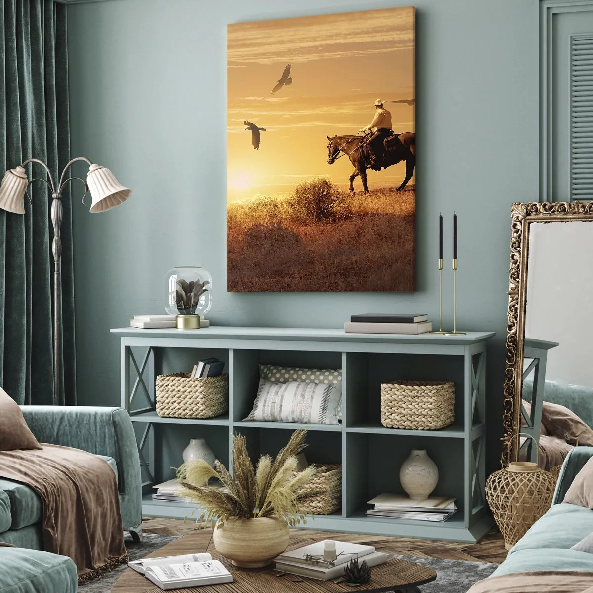 Bild auf Leinwand - Leinwandbild - Ein Reiter auf einem Pferd bei Sonnenuntergang vor der Prärie - 50x70cm - Allein durch die Prärie - Moderne Wanddekoration für Wohnzimmer und Schlafzimmer ARTTOR