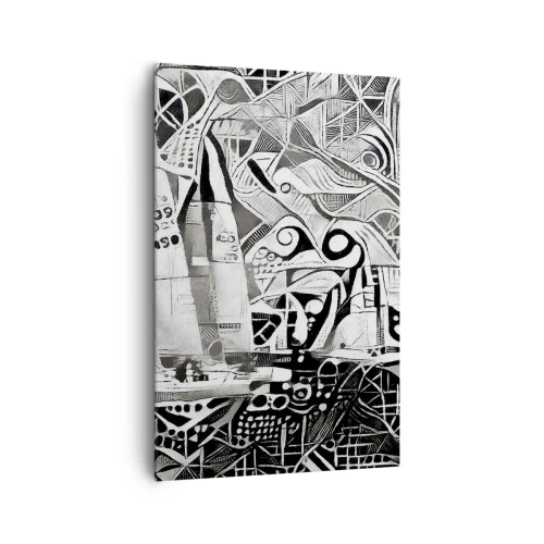 Bild auf Leinwand - Leinwandbild - Abstrakte Segelboote in einer monochromen Komposition - 80x120cm - Zwischen den Wellen - Moderne Wanddekoration für Wohnzimmer und Schlafzimmer ARTTOR