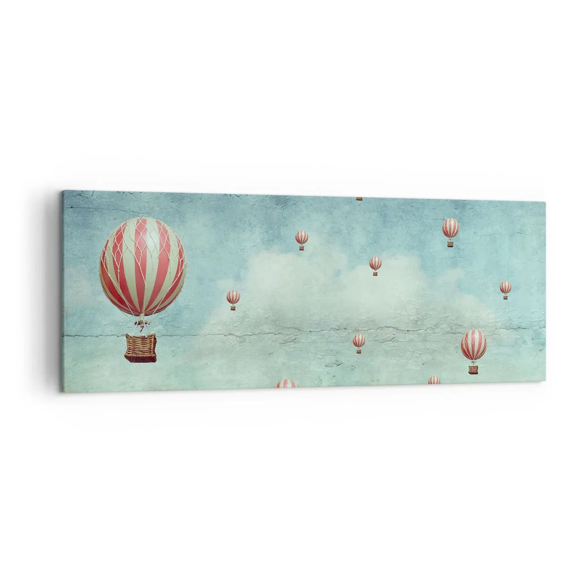 Bild auf Leinwand - Leinwandbild - Retro-Ballons vor blauem Himmel und grünem Hintergrund - 140x50cm - Frei von der Hektik des Lebens - Moderne Wanddekoration für Wohnzimmer und Schlafzimmer ARTTOR