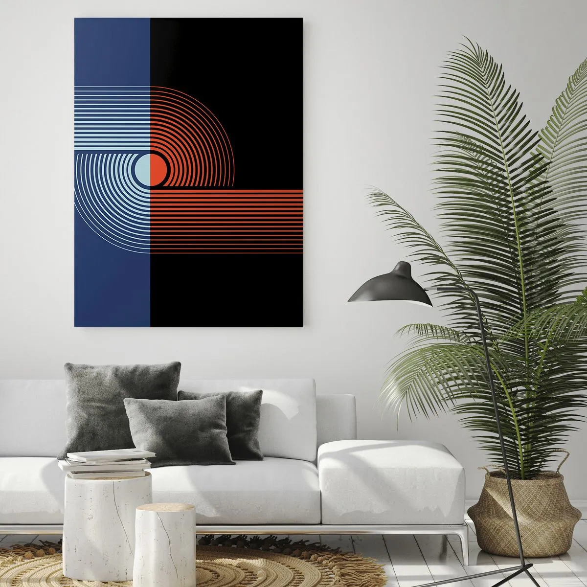 Glasbild - Bild auf glas - Geometrische Abstraktion mit Linien in Marineblau und Orange. - 80x120cm - In einer geometrischen Umarmung - Moderne Wanddekoration für Wohnzimmer und Schlafzimmer ARTTOR