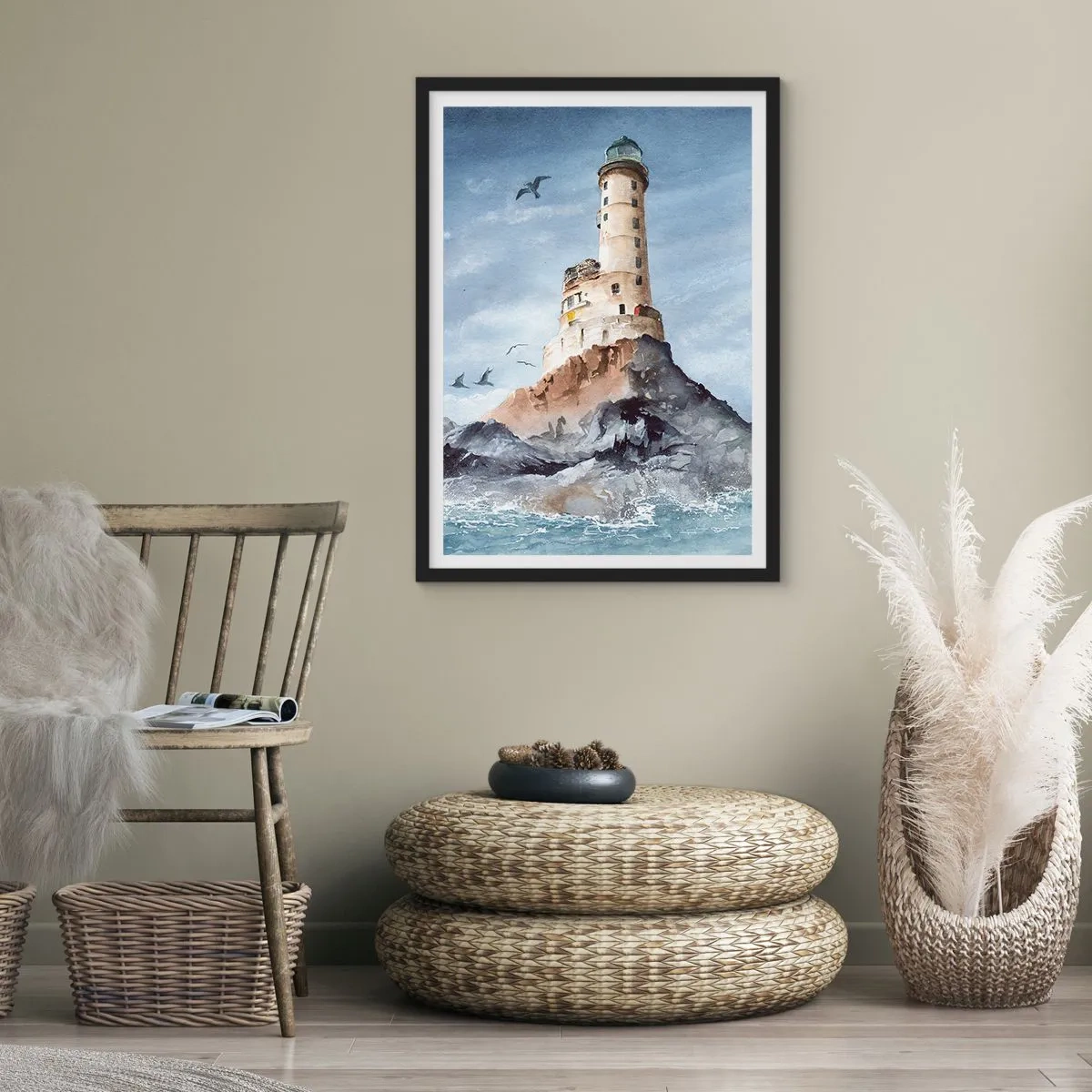 Poster in einem schwarzem Rahmen - Ein Aquarell eines Leuchtturms an einer felsigen Küste - 50x70cm - Unbesiegbar - Moderne Wanddekoration für Wohnzimmer und Schlafzimmer ARTTOR