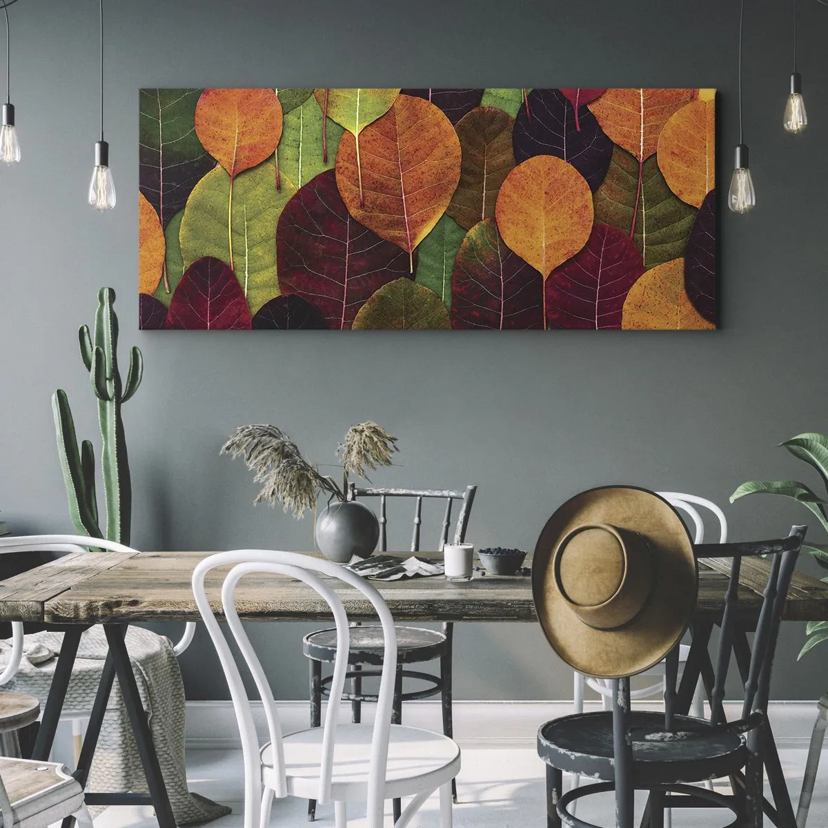Bild auf Leinwand - Leinwandbild - Bunte Blätter in einem herbstlichen Muster angeordnet - 140x50cm - Herbstmosaik - Moderne Wanddekoration für Wohnzimmer und Schlafzimmer ARTTOR