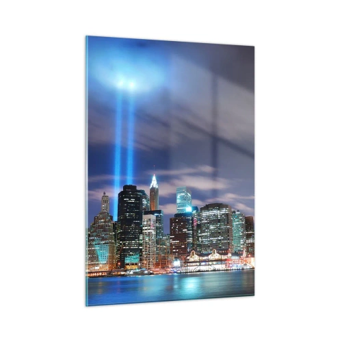Glasbild - Bild auf glas - Abendpanorama der Stadt mit Scheinwerfern - 50x70cm - Erreiche den Himmel mit dem Licht - Moderne Wanddekoration für Wohnzimmer und Schlafzimmer ARTTOR