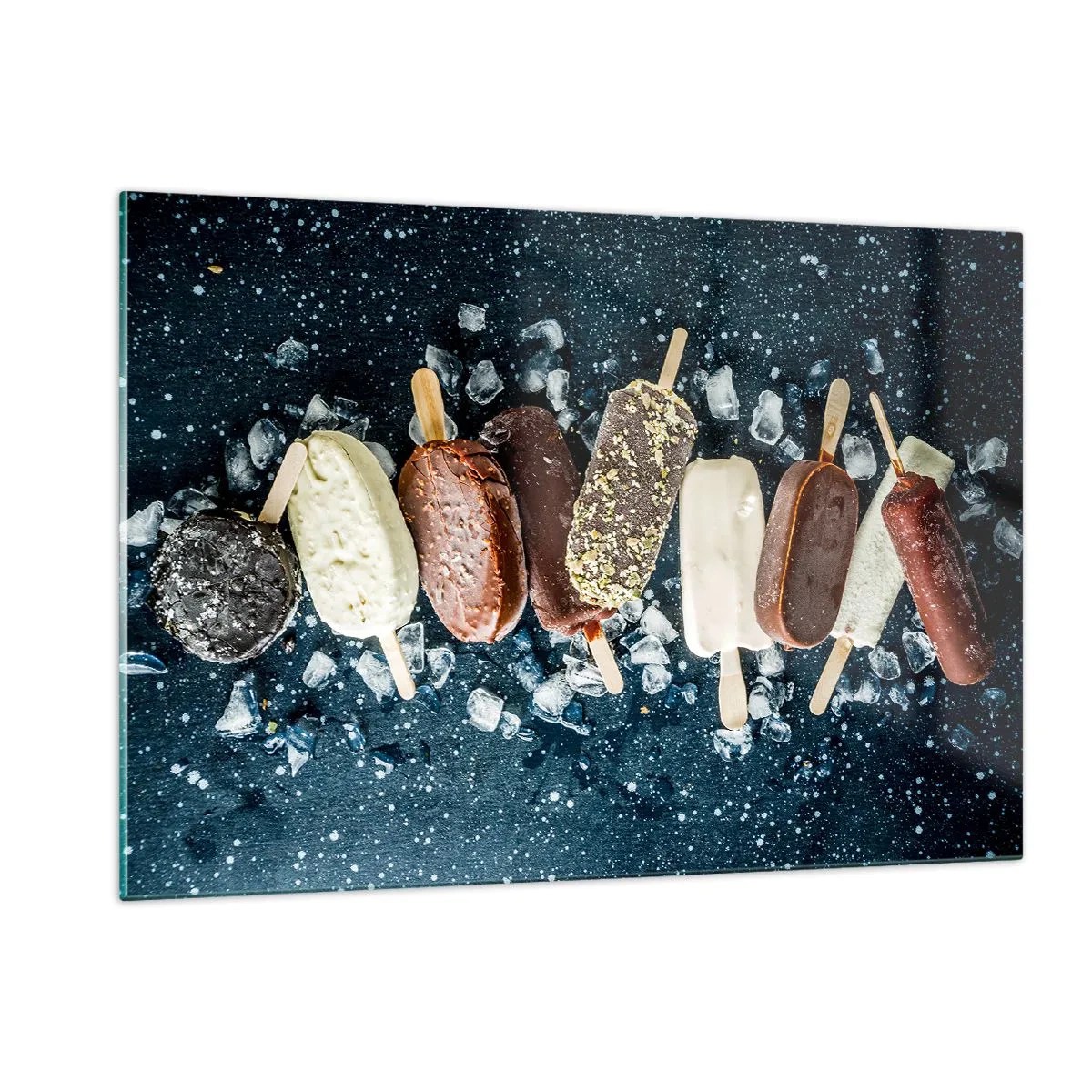 Glasbild - Bild auf glas - Eis am Stiel in verschiedenen Geschmacksrichtungen auf Eiswürfeln angeordnet - 120x80cm - Geschmack des heißen Sommers - Moderne Wanddekoration für Wohnzimmer und Schlafzimmer ARTTOR