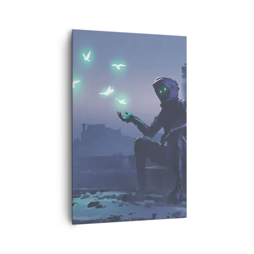Bild auf Leinwand - Leinwandbild - Eine vermummte Figur mit magischen Vögeln im Hintergrund einer Stadt - 80x120cm - Das Leben wird zurückkommen - Moderne Wanddekoration für Wohnzimmer und Schlafzimmer ARTTOR
