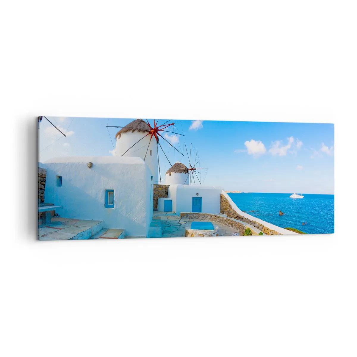 Bild auf Leinwand - Leinwandbild - Weiße Windmühlen an den Ufern des blauen Meeres - 140x50cm - Der blaue Wind vom Meer - Moderne Wanddekoration für Wohnzimmer und Schlafzimmer ARTTOR