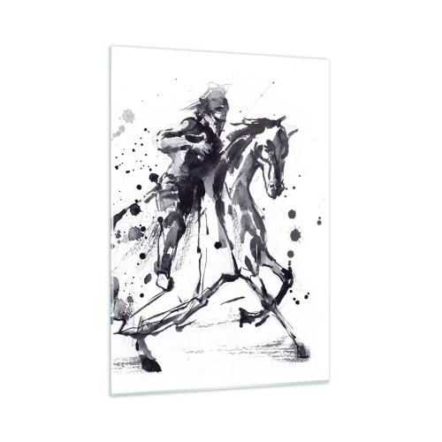 Glasbild - Bild auf glas - Schwarz-Weiß-Gemälde eines Reiters auf einem Pferd im abstrakten Stil - 50x70cm - Schwarzer Ritter - Moderne Wanddekoration für Wohnzimmer und Schlafzimmer ARTTOR