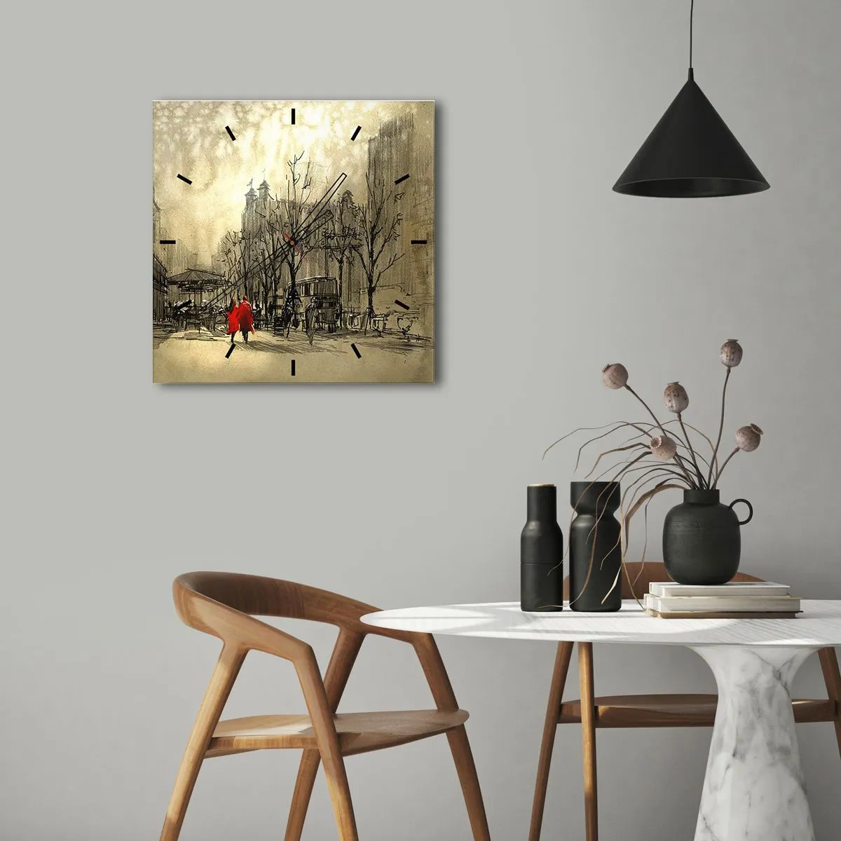 Wanduhr - Glasuhr - Eine rote Figur in einer nostalgischen urbanen Umgebung - 30x30cm - Ein Date im Londoner Nebel - Moderne Wanddekoration für Wohnzimmer und Schlafzimmer ARTTOR