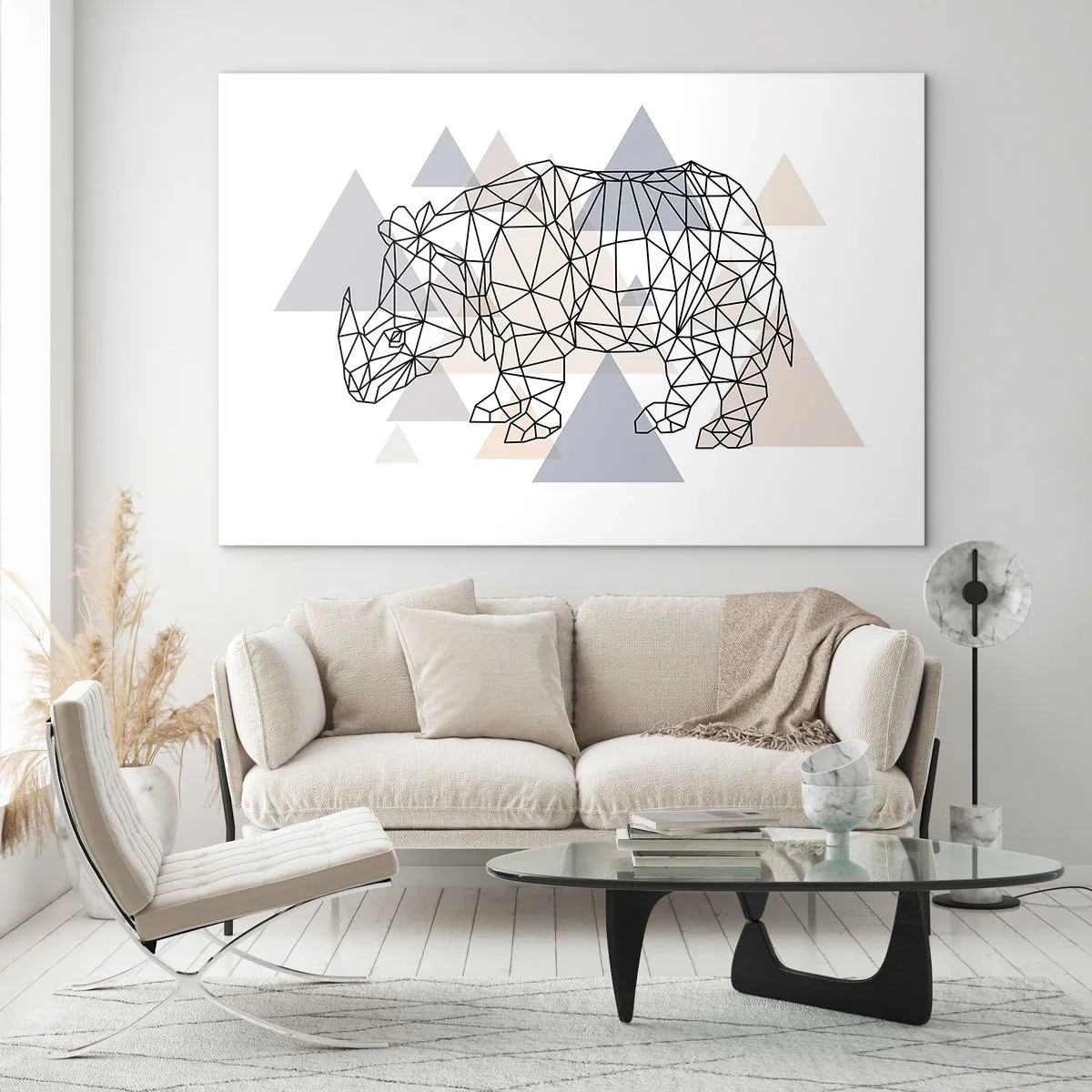 Glasbild - Bild auf glas - Geometrische Zeichnung eines Nashorns auf hellem Hintergrund - 70x50cm - Struktur der Stärke - Moderne Wanddekoration für Wohnzimmer und Schlafzimmer ARTTOR