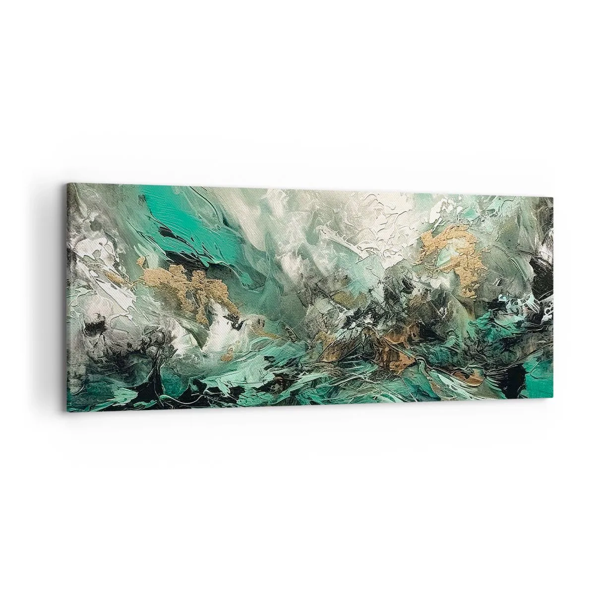 Bild auf Leinwand - Leinwandbild - Abstrakte Landschaft in Grün- und Goldtönen - 120x50cm - Smaragdgrüne und schwarze Brandung - Moderne Wanddekoration für Wohnzimmer und Schlafzimmer ARTTOR