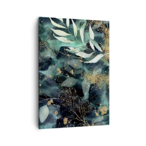 Bild auf Leinwand - Leinwandbild - Elegante Blätter auf dunklem Hintergrund mit goldenen Akzenten - 50x70cm - Zaubergarten - Moderne Wanddekoration für Wohnzimmer und Schlafzimmer ARTTOR