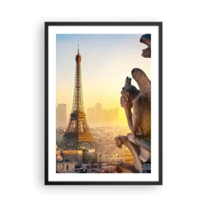 Poster in einem schwarzem Rahmen - Ein Blick auf den Eiffelturm bei Sonnenaufgang mit einer Perspektive auf die steinernen Wasserspeier - 50x70cm - Vieles hat sich geändert ... - Moderne Wanddekoration für Wohnzimmer und Schlafzimmer ARTTOR