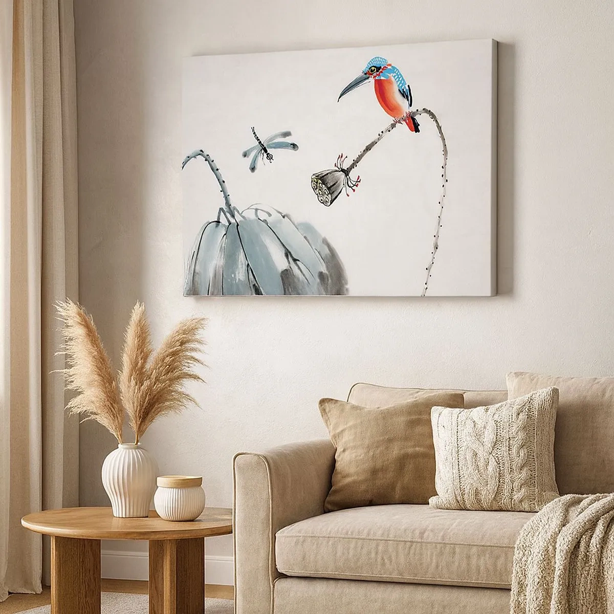 Bild auf Leinwand - Leinwandbild - Ein bunter Vogel vor einem Hintergrund aus Vegetation und einer Libelle - 70x50cm - Das Leben der Wiese - Moderne Wanddekoration für Wohnzimmer und Schlafzimmer ARTTOR