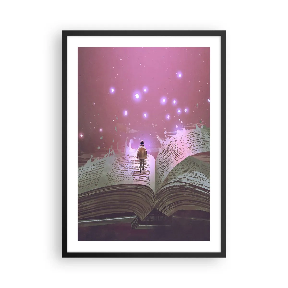Poster in einem schwarzem Rahmen - Eine Figur in einer magischen Umgebung, die auf einem offenen Buch steht - 50x70cm - Einladung in eine andere Welt - lesen Sie! - Moderne Wanddekoration für Wohnzimmer und Schlafzimmer ARTTOR