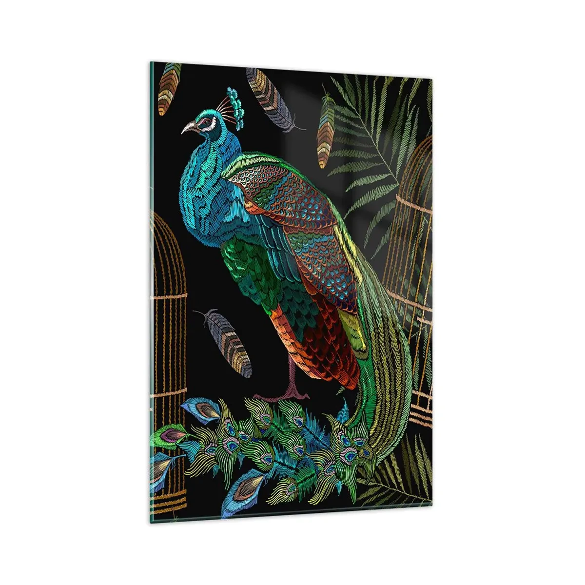 Glasbild - Bild auf glas - Pfauen neben einem goldenen Käfig auf schwarzem Hintergrund - 80x120cm - In königlichen Gewändern - Moderne Wanddekoration für Wohnzimmer und Schlafzimmer ARTTOR