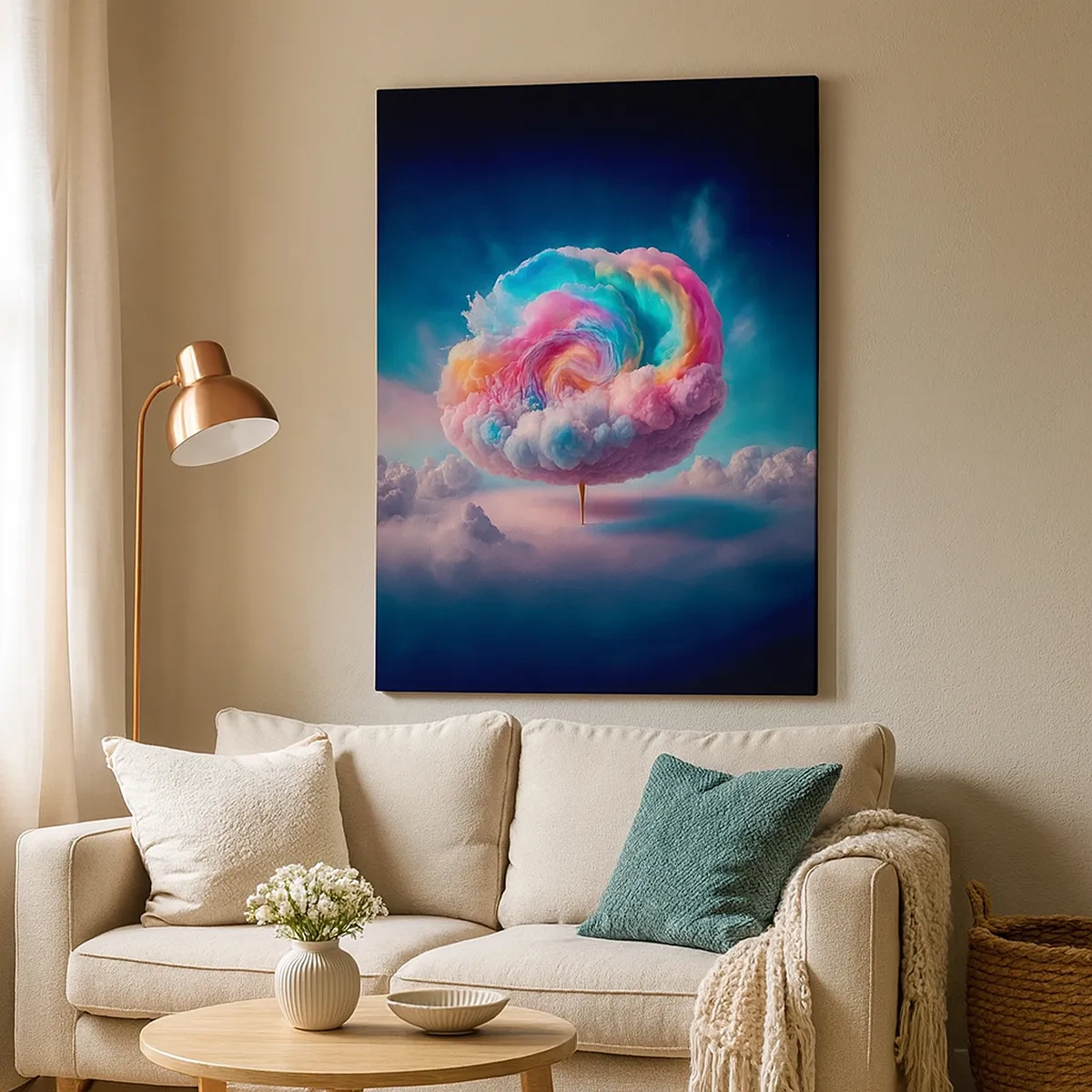Bild auf Leinwand - Leinwandbild - Eine spiralförmige Wolke mit Pastellfarben am Himmel - 50x70cm - Traum von einem Vergnügungspark - Moderne Wanddekoration für Wohnzimmer und Schlafzimmer ARTTOR