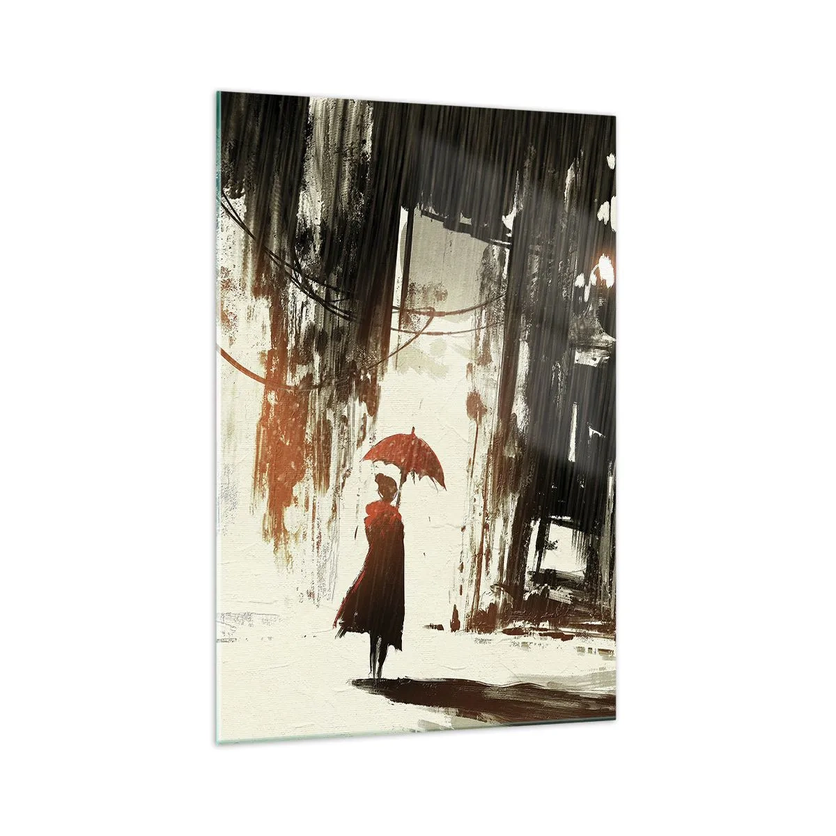 Glasbild - Bild auf glas - Eine rote Figur mit einem Regenschirm in einer regnerischen Szene - 70x100cm - Die Poesie des roten Regenschirms - Moderne Wanddekoration für Wohnzimmer und Schlafzimmer ARTTOR