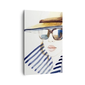 Bild auf Leinwand - Leinwandbild - Porträt einer Frau mit Hut und Sonnenbrille - 80x120cm - Florida heißt Sie willkommen! - Moderne Wanddekoration für Wohnzimmer und Schlafzimmer ARTTOR