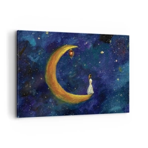 Bild auf Leinwand - Leinwandbild - Ein Mädchen steht auf dem Mond in einem Sternenhimmel - 100x70cm - Der Ruf der Welt - Moderne Wanddekoration für Wohnzimmer und Schlafzimmer ARTTOR